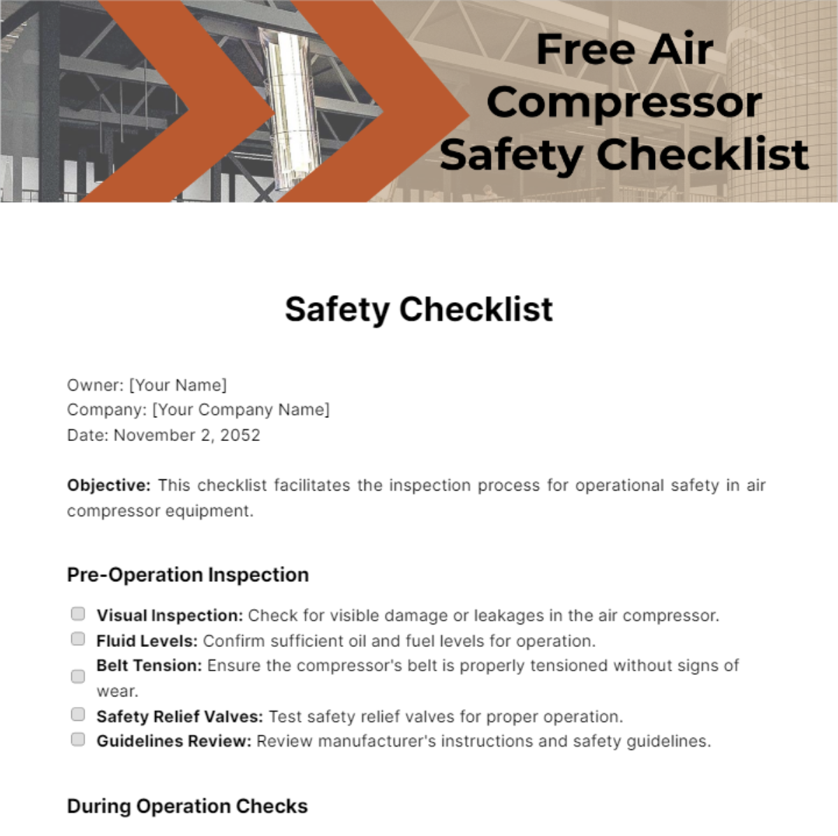 Free Air Compressor Safety Checklist Template