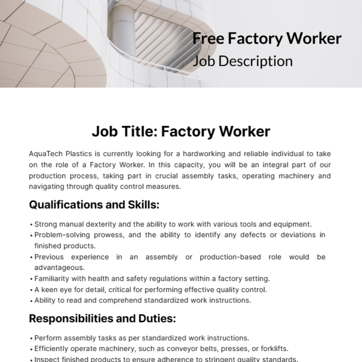 Free Factory Worker Job Description Template