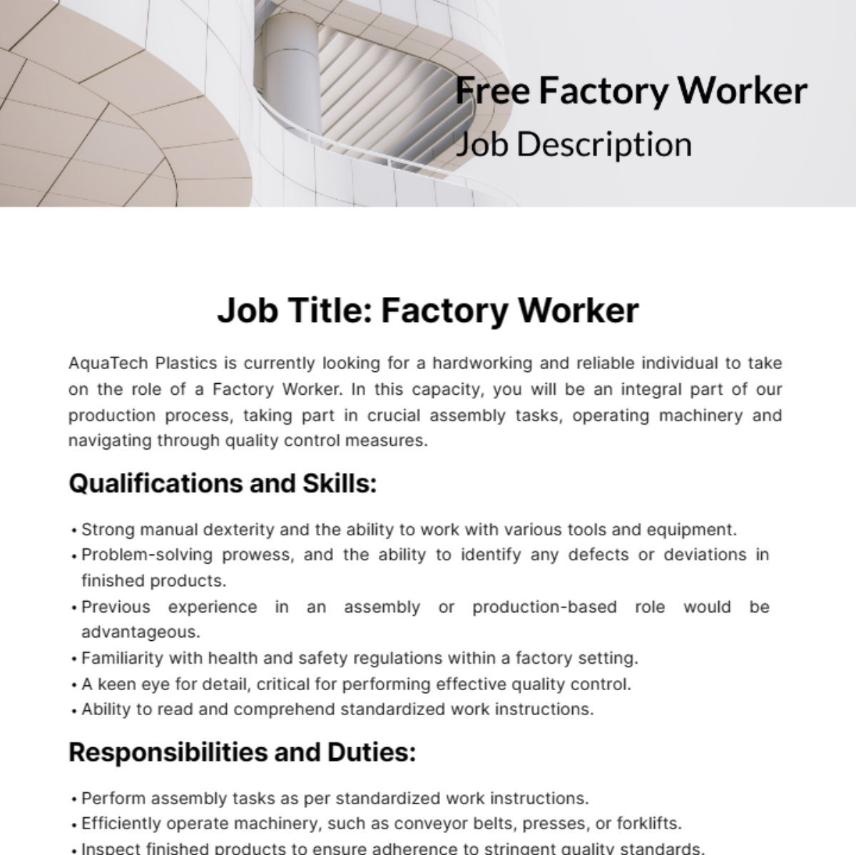 Job Description General Worker Manufacturing