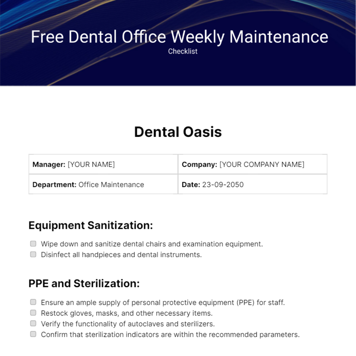 Dental Office Weekly Maintenance Checklist Template