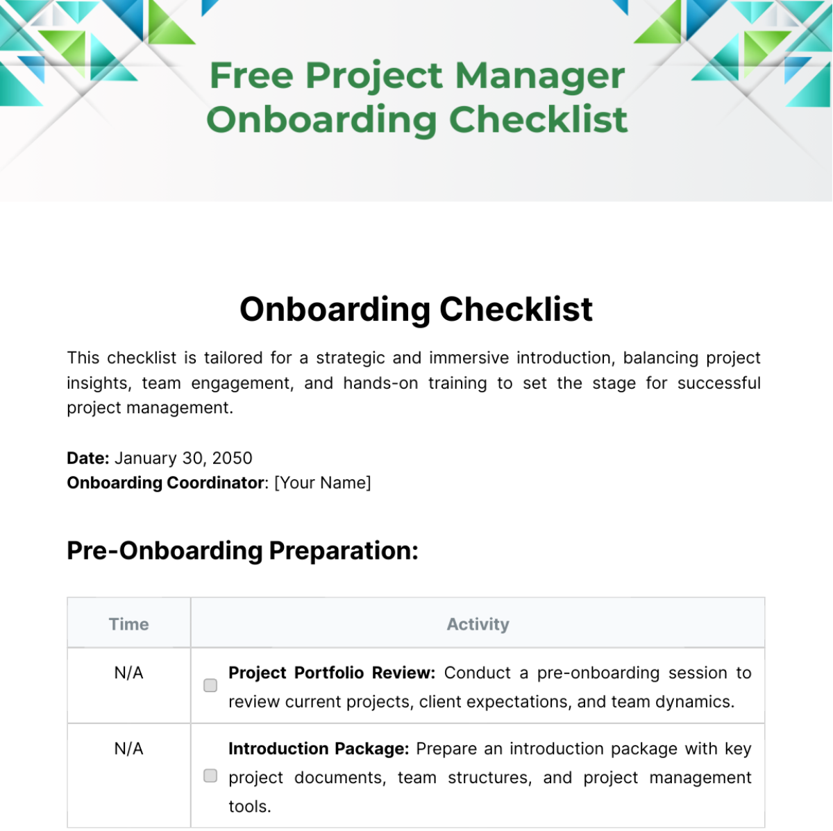 Free Project Manager Onboarding Checklist Template