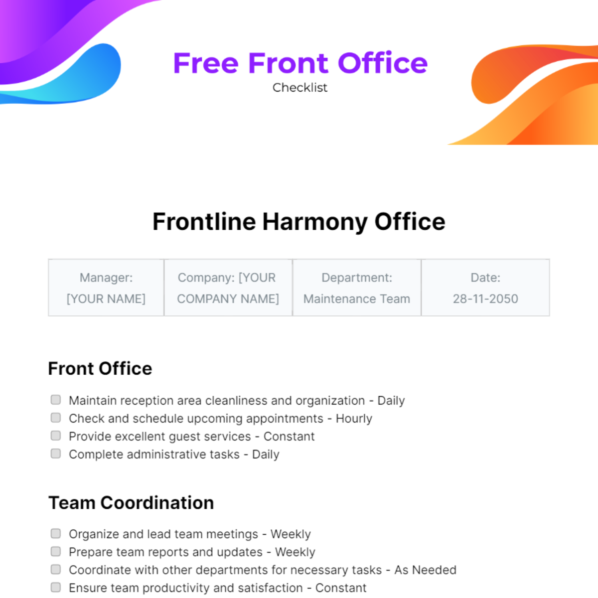 Front Office Checklist Template