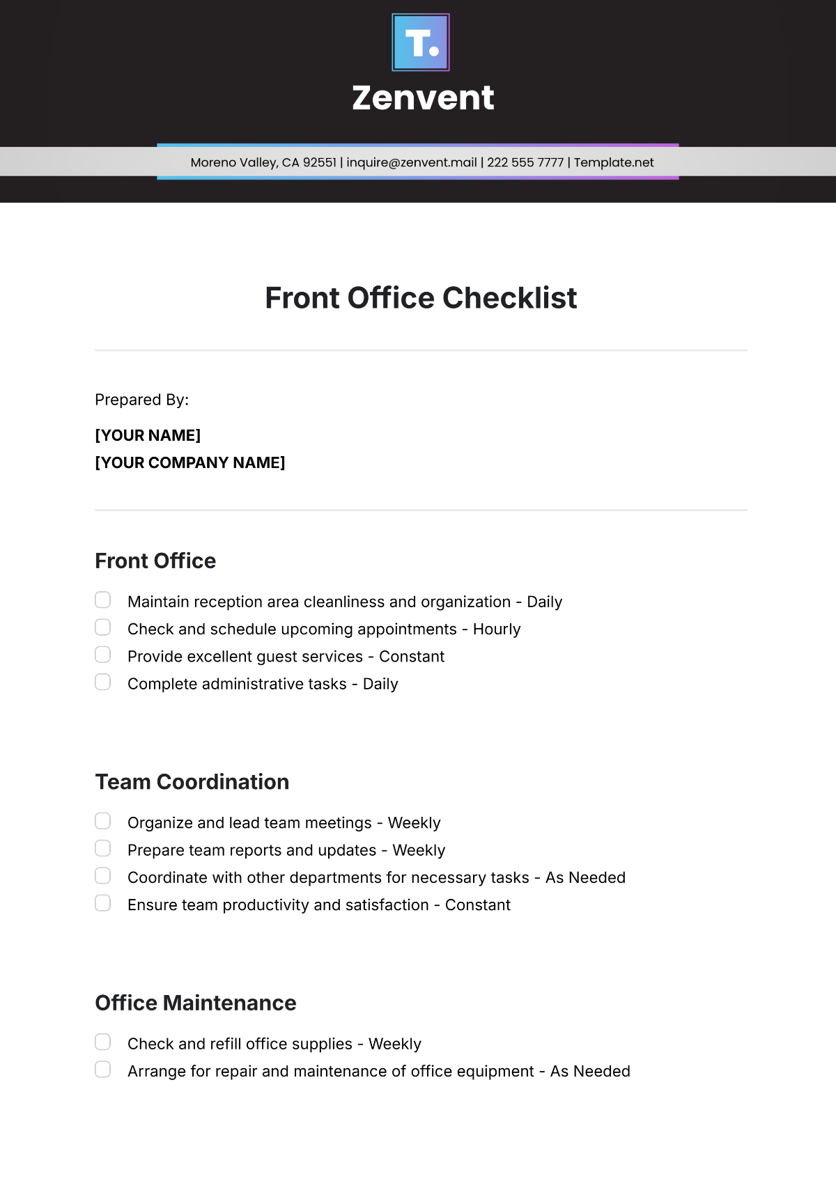 Front Office Checklist Template - Edit Online & Download