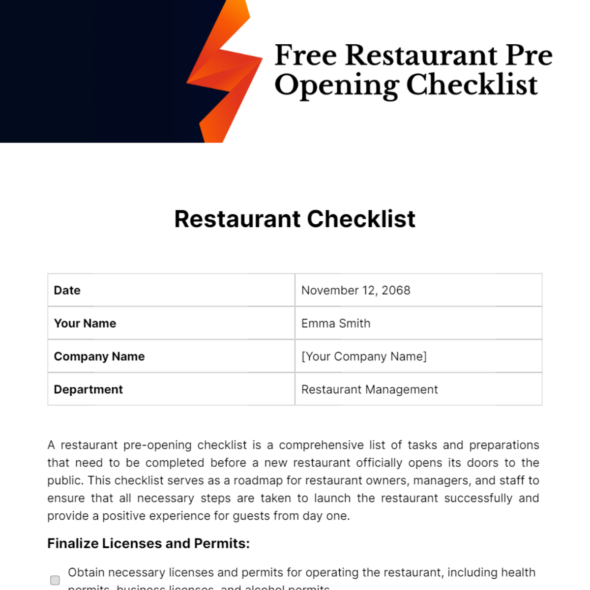 Restaurant Pre Opening Checklist Template 