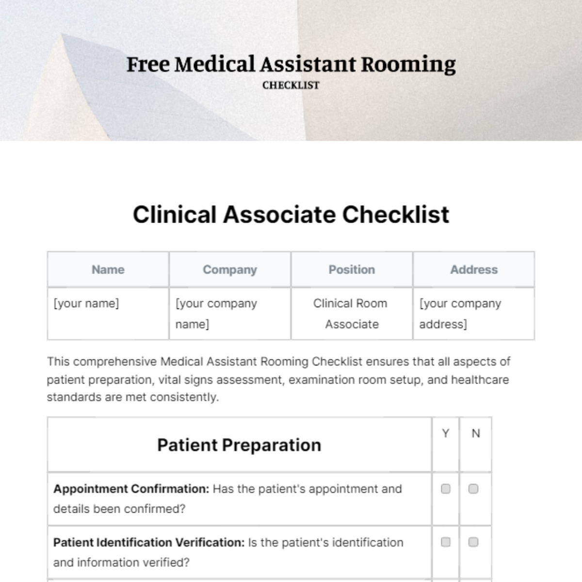 Free Medical Assistant Rooming Checklist Template