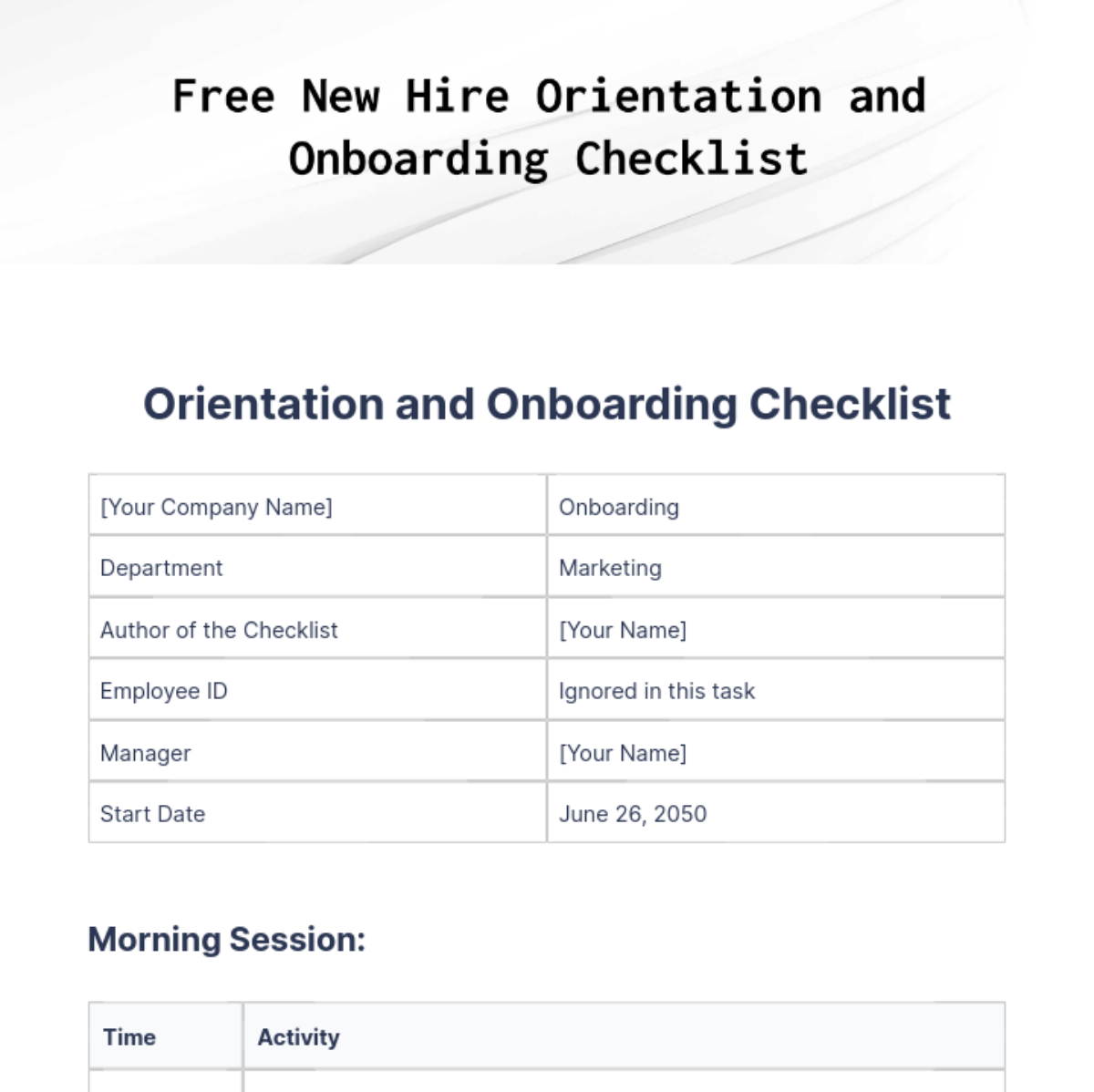 Free New Hire Orientation and Onboarding Checklist Template