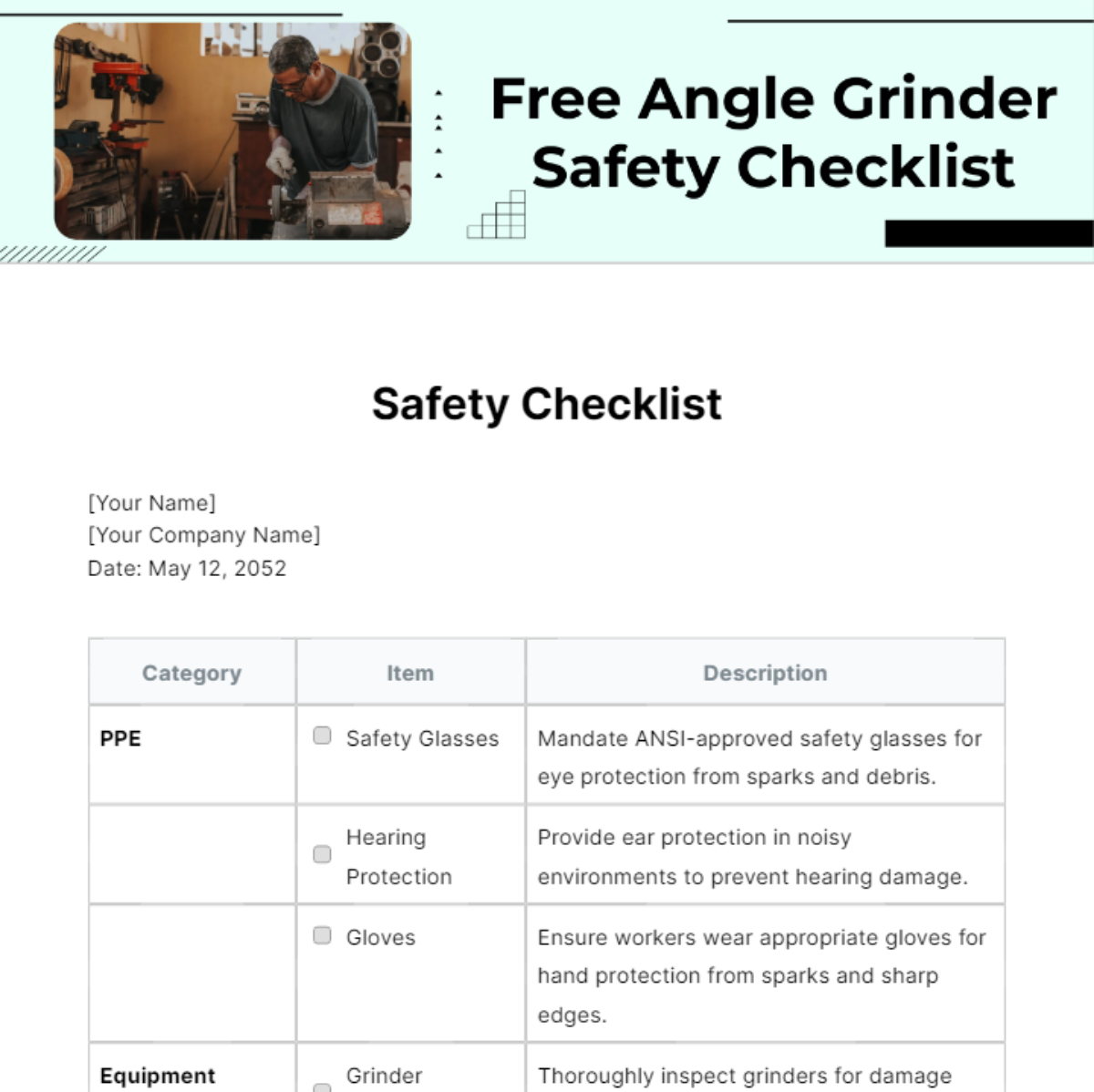 Angle Grinder Safety Checklist Template