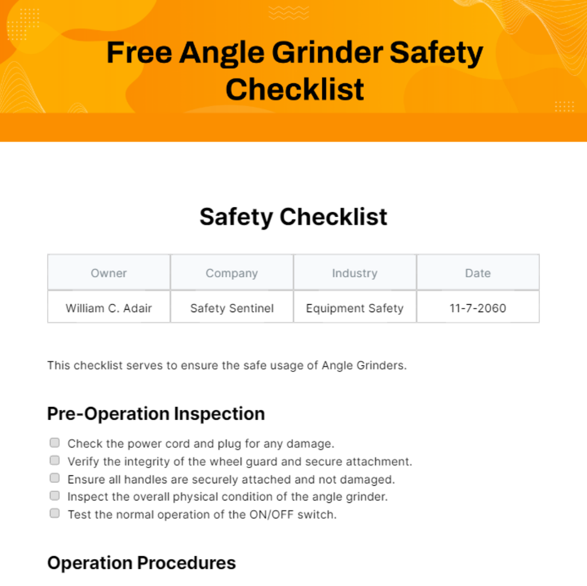 Portable Grinder Inspection Checklist - Global EHS