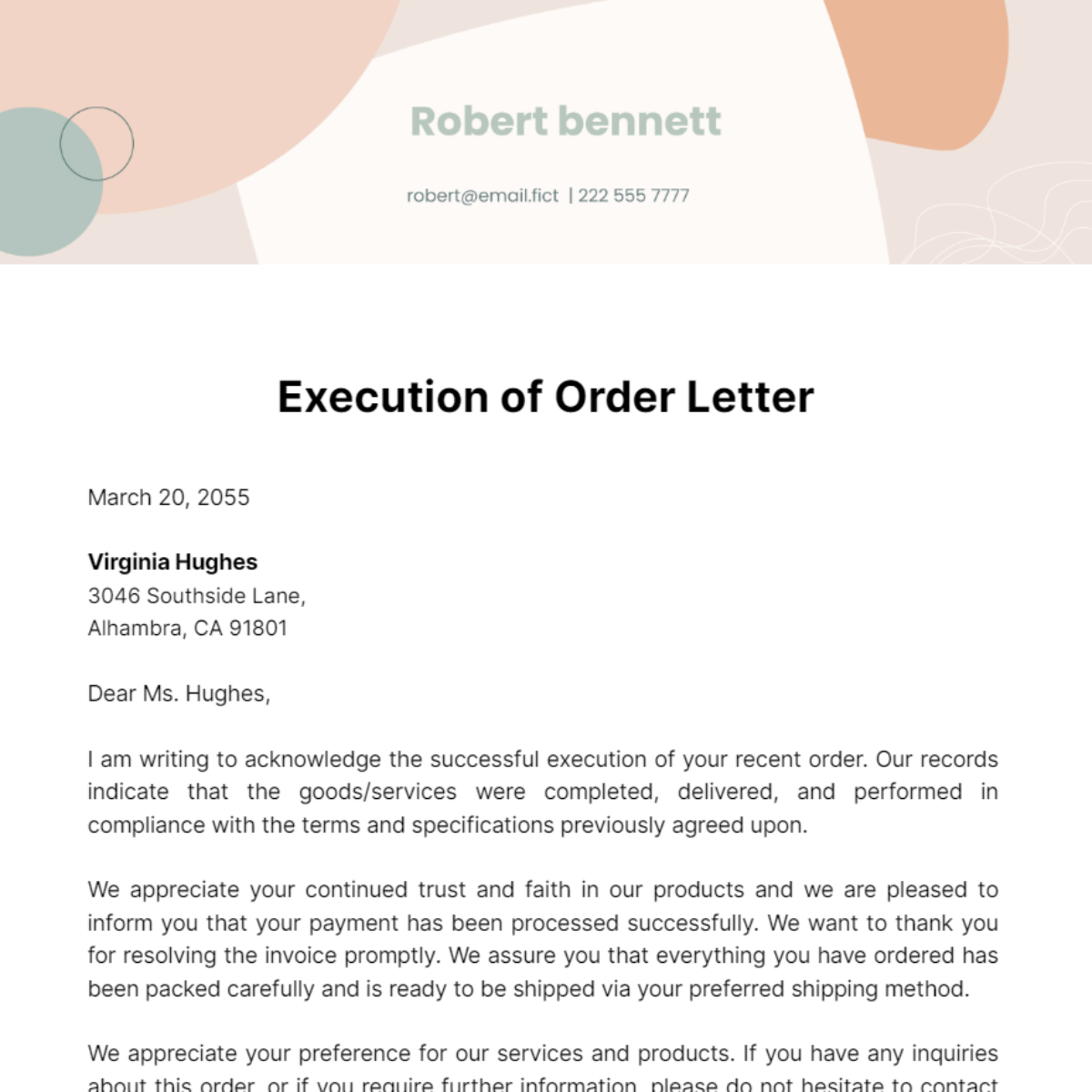 Execution of Order Letter Template