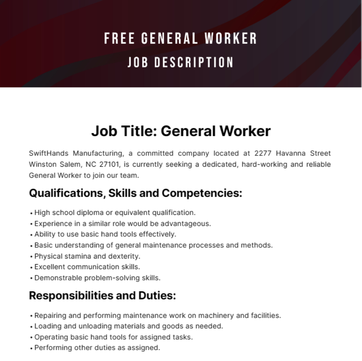 Free General Worker Job Description Template