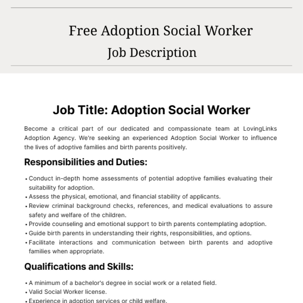 Adoption Social Worker Job Description Template