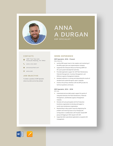 Free ERP Specialist Resume Template - Word, Apple Pages