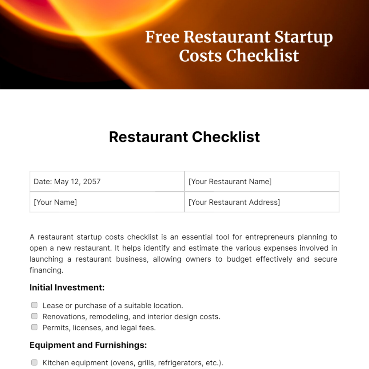 Restaurant Startup Costs Checklist Template 