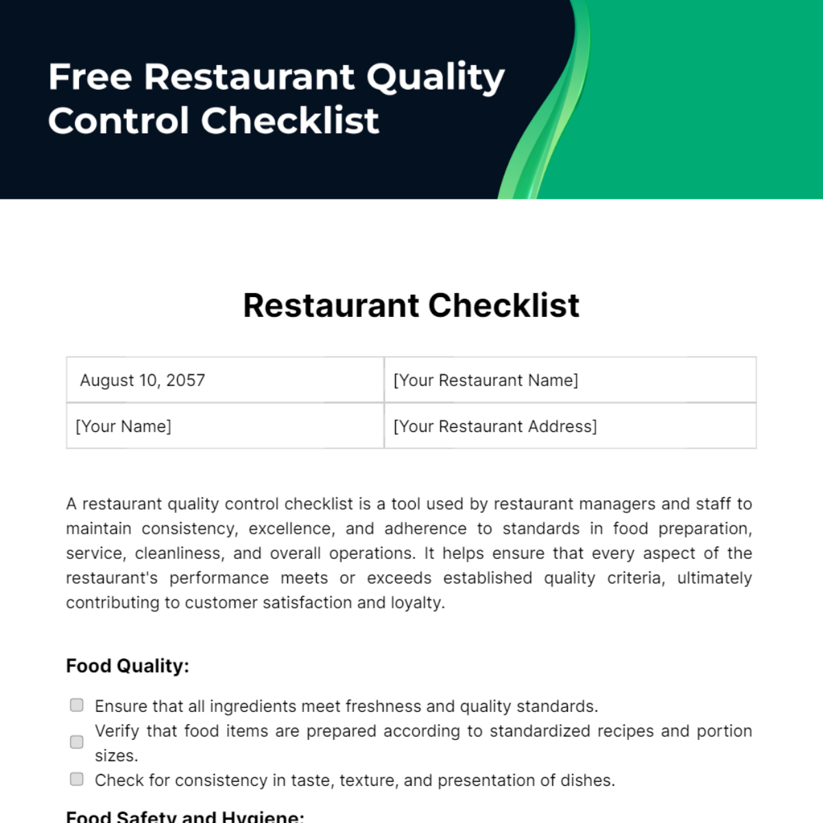 Restaurant Quality Control Checklist Template 