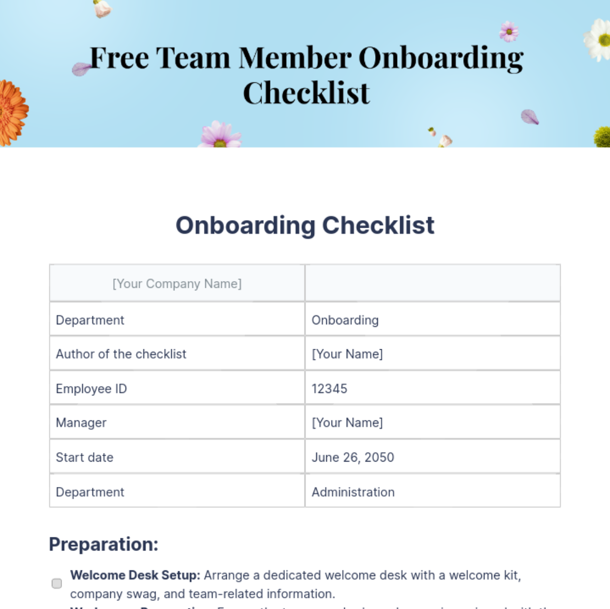 Team Member Onboarding Checklist Template