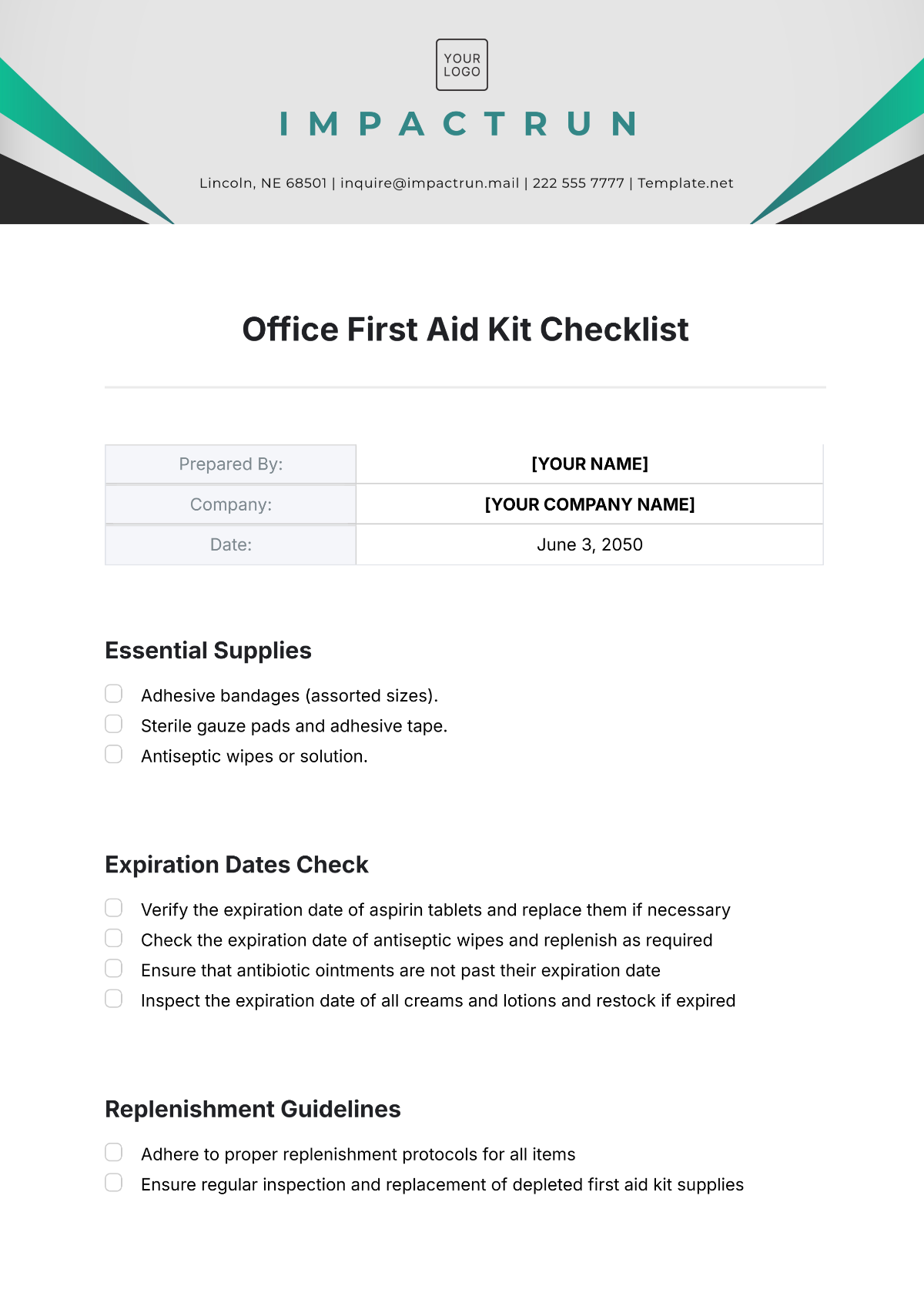 Office First Aid Kit Checklist Template - Edit Online & Download