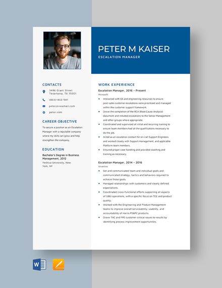 Free Escalation Manager Resume Template - Word, Apple Pages