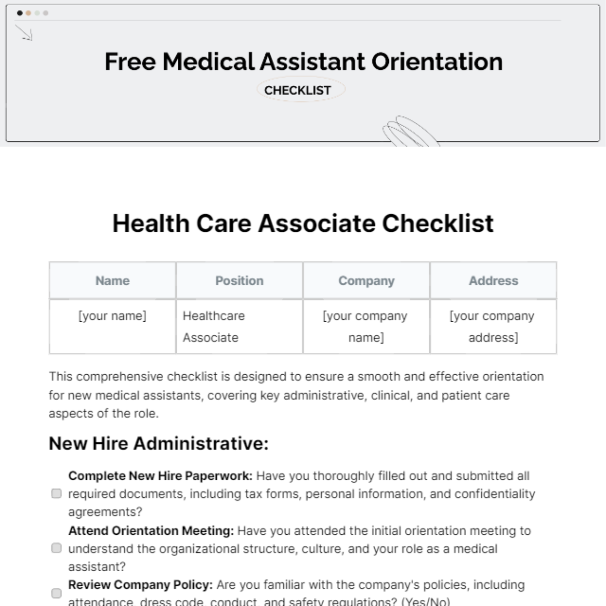 Free Medical Assistant Orientation Checklist Template