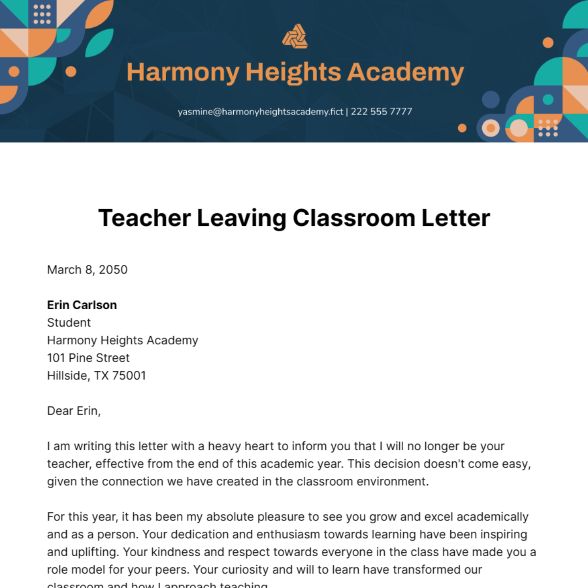Teacher Leaving Classroom Letter Template