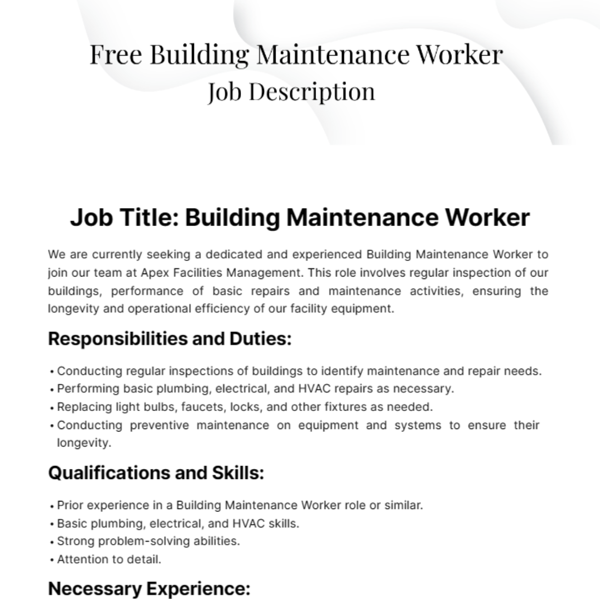 Free Building Maintenance Worker Job Description Template