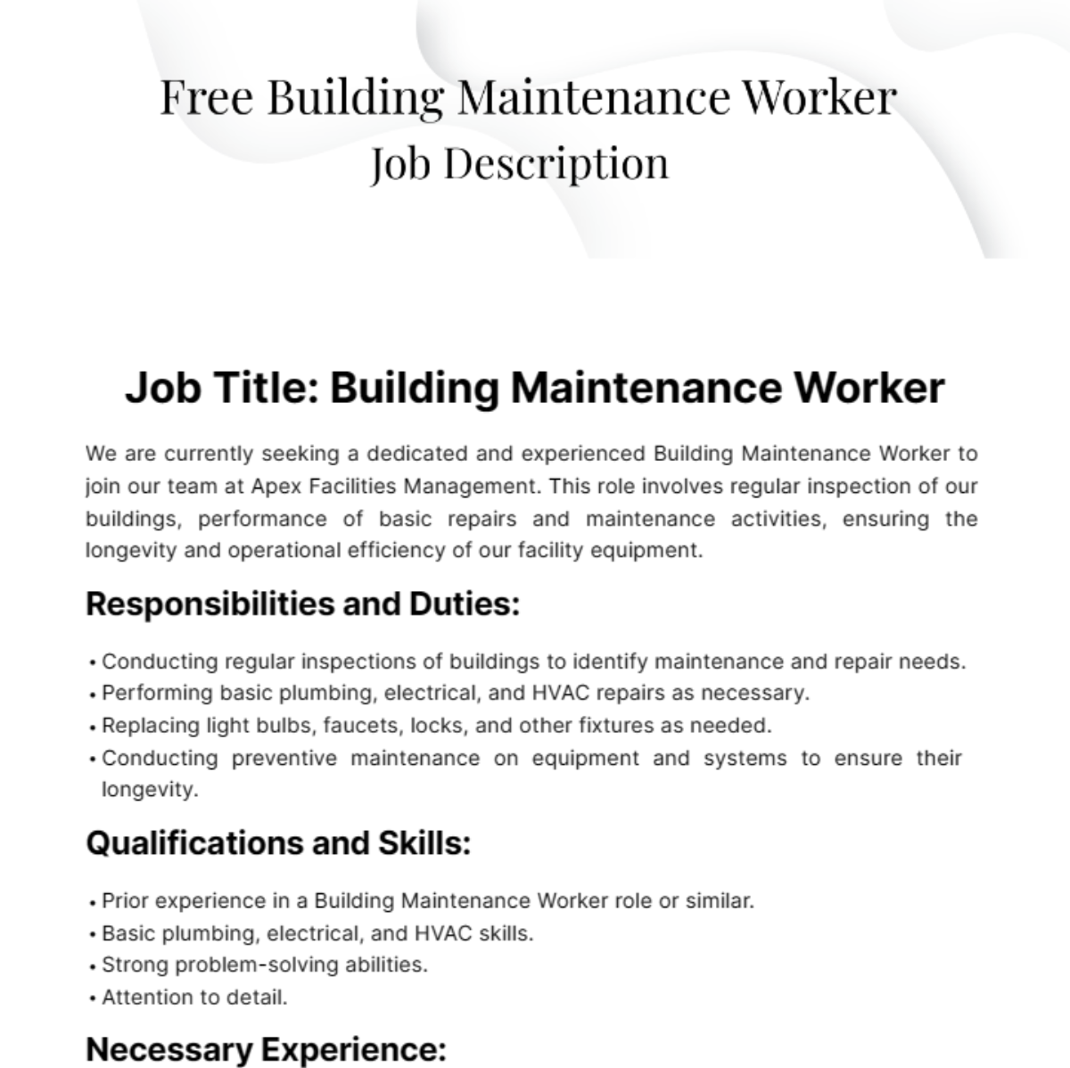 Building Maintenance Worker Job Description Template Edit Online 