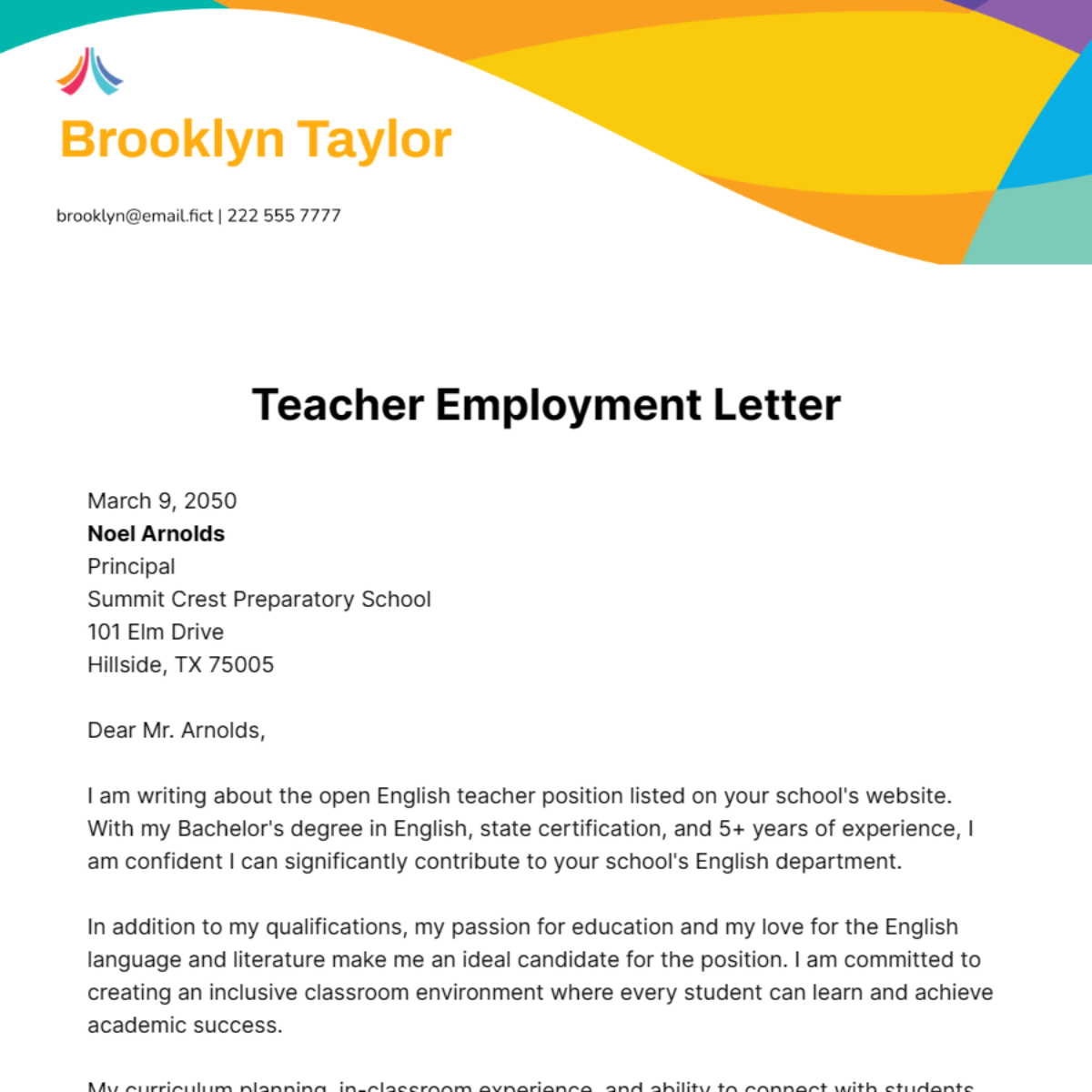 Teacher Employment Letter Template