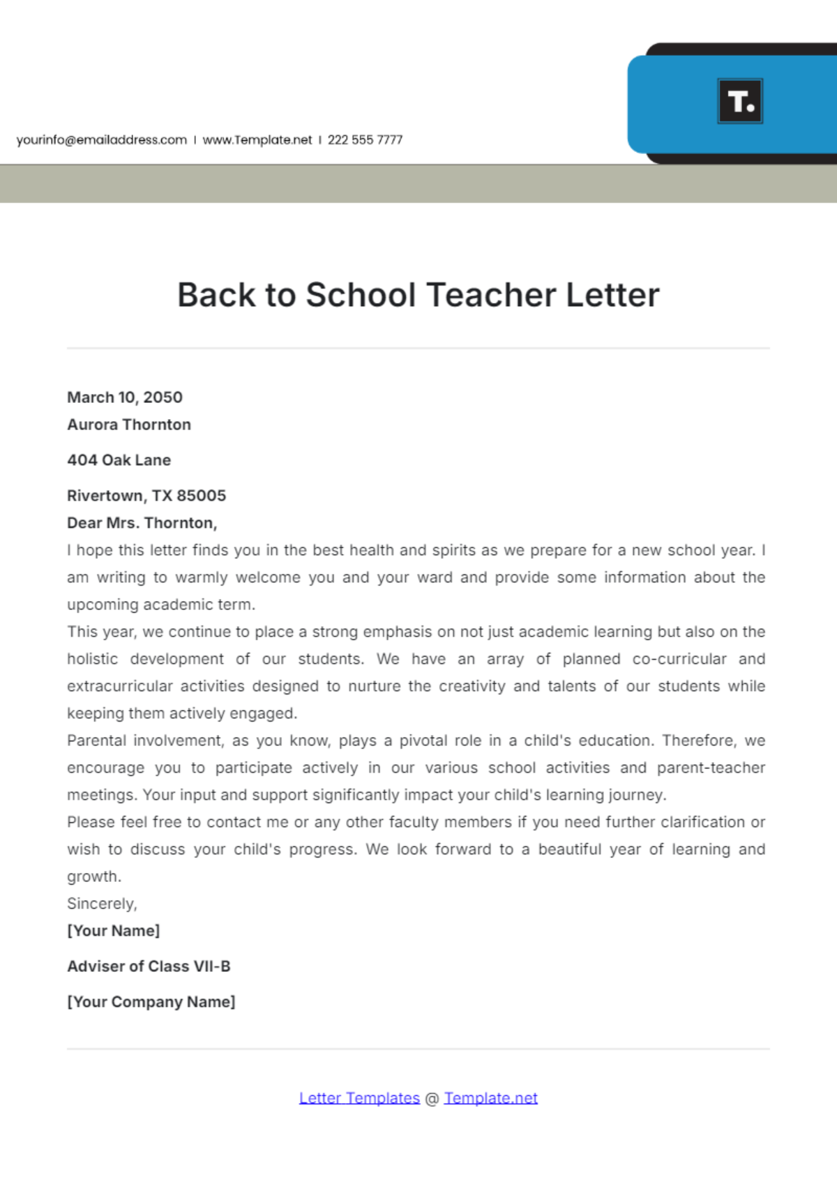 Back to School Teacher Letter Template - Edit Online & Download