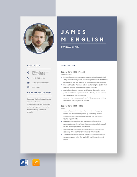 Free Escrow Clerk Resume Template - Word, Apple Pages