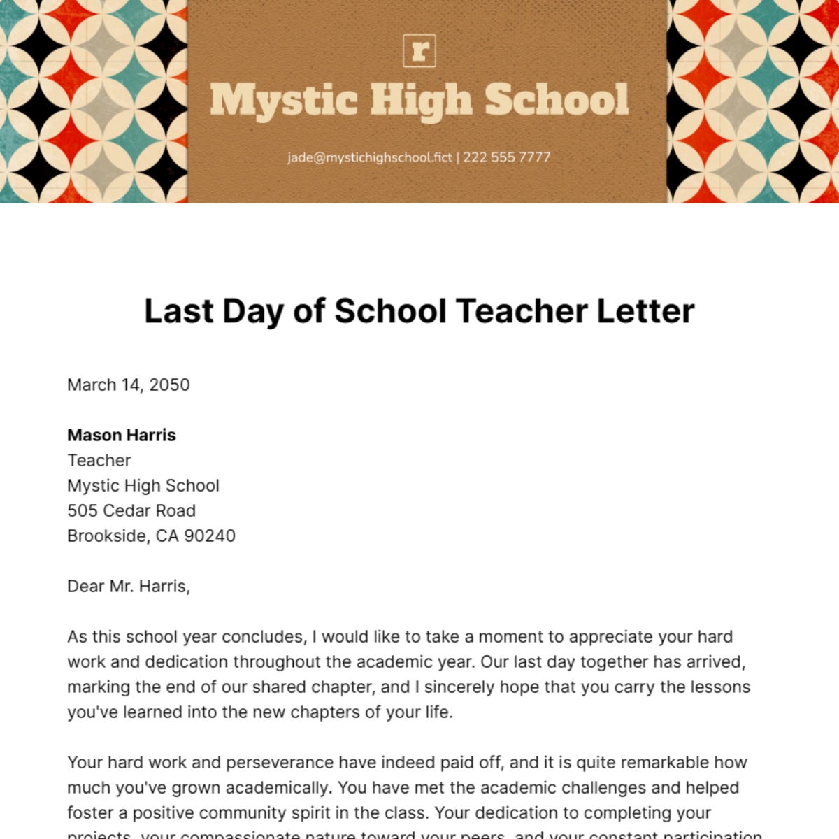 Last Day of School Teacher Letter Template