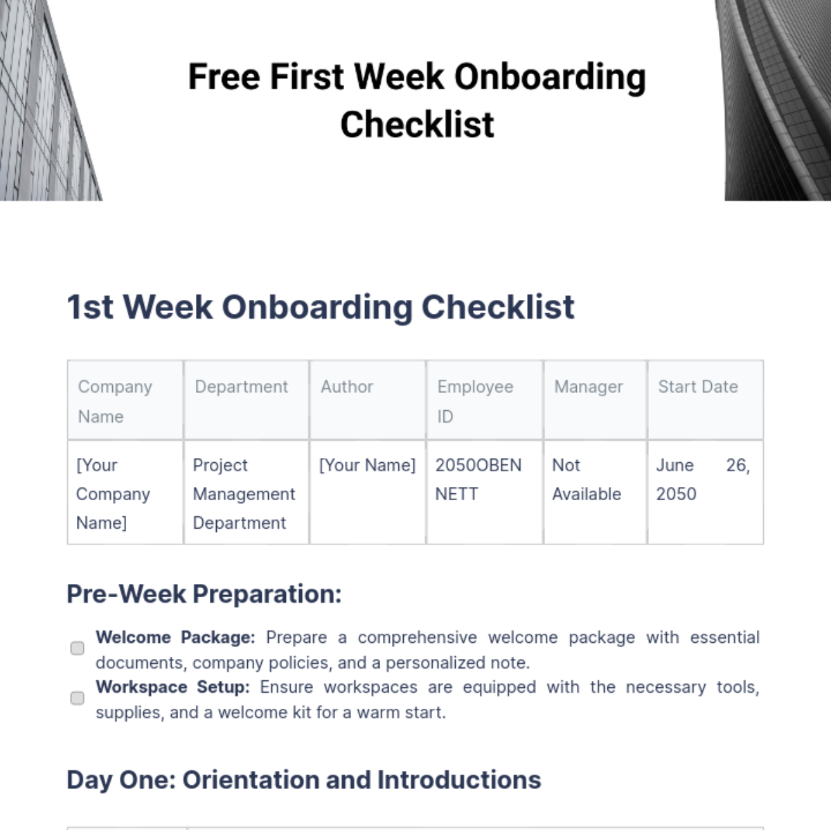 First Week Onboarding Checklist Template