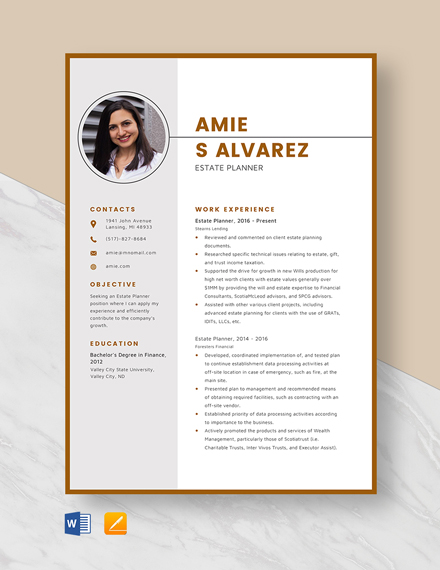 Free Estate Planner Resume Template - Word, Apple Pages