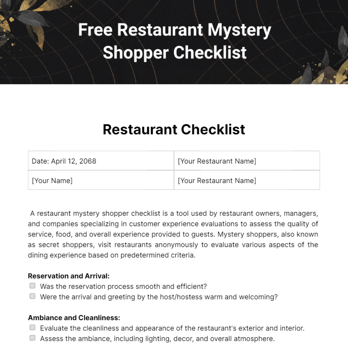 Restaurant Mystery Shopper Checklist Template 