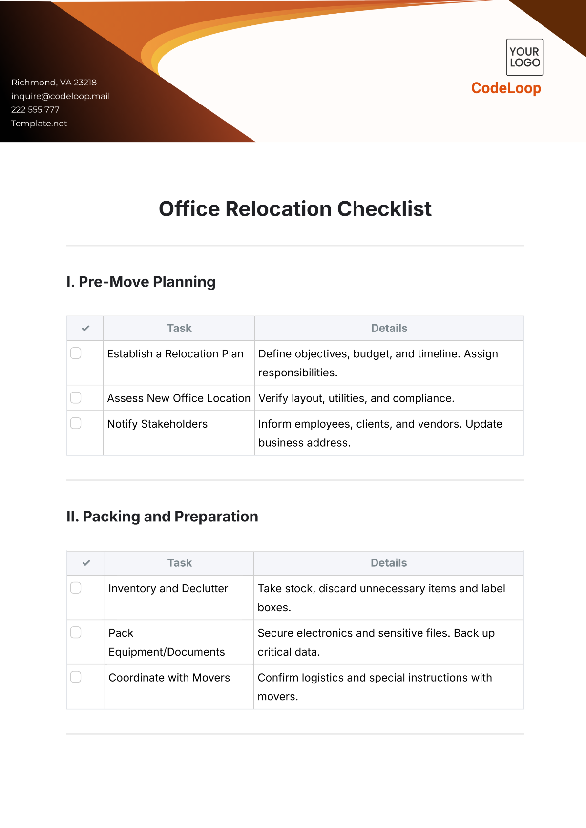 Office Relocation Checklist Template - Edit Online & Download