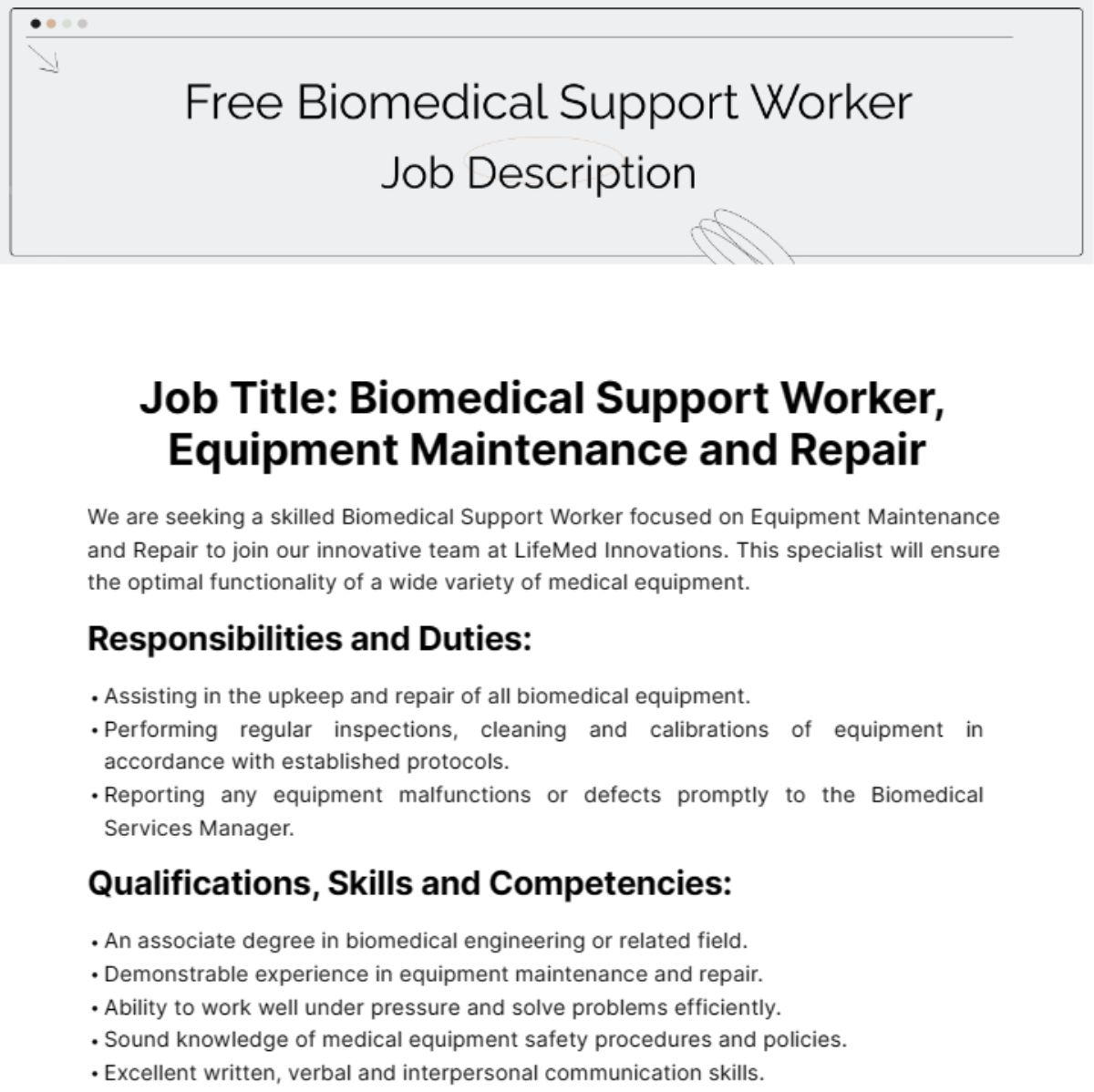 Free Biomedical Support Worker Job description Template
