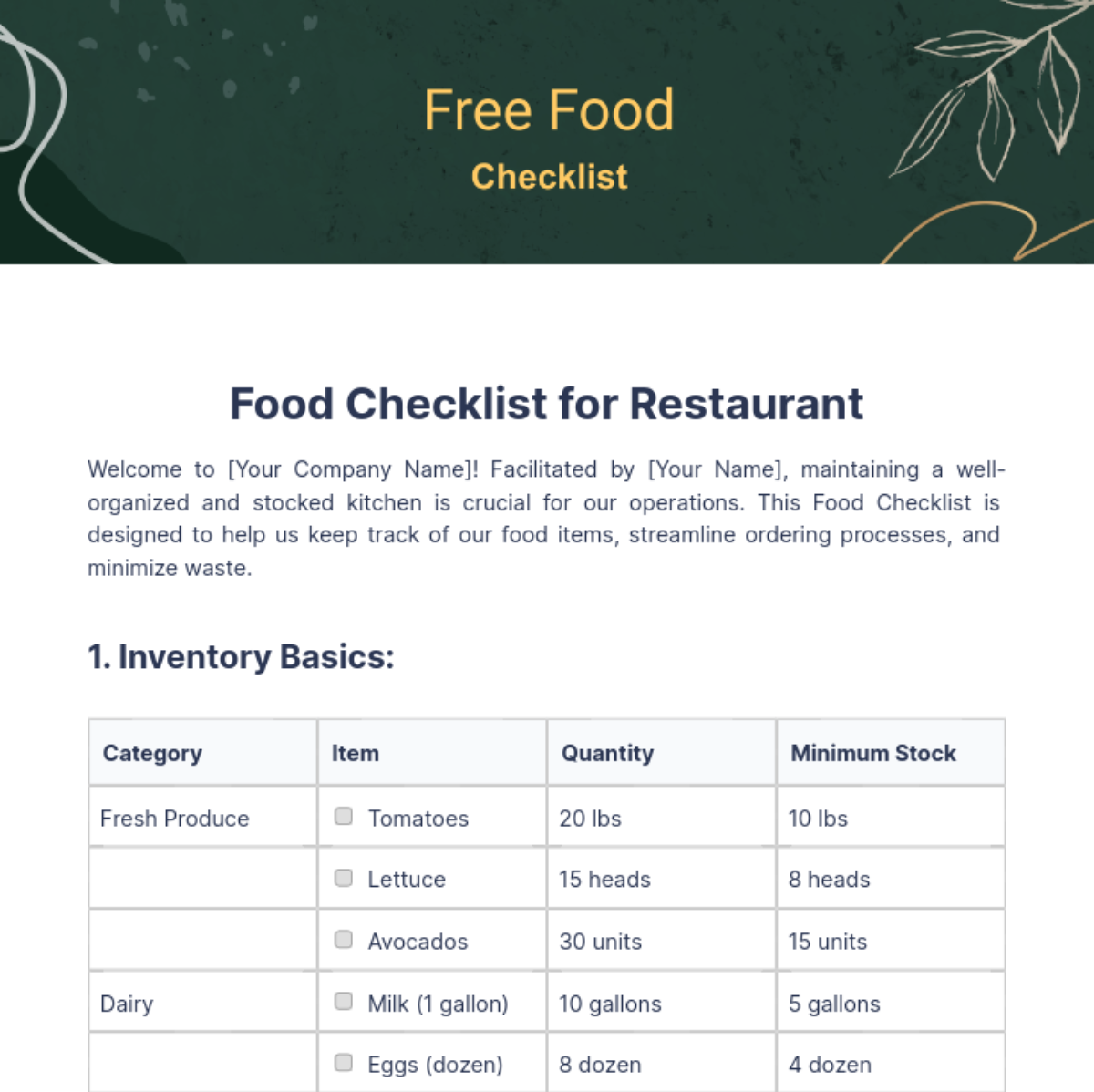 Free Food Checklist Template