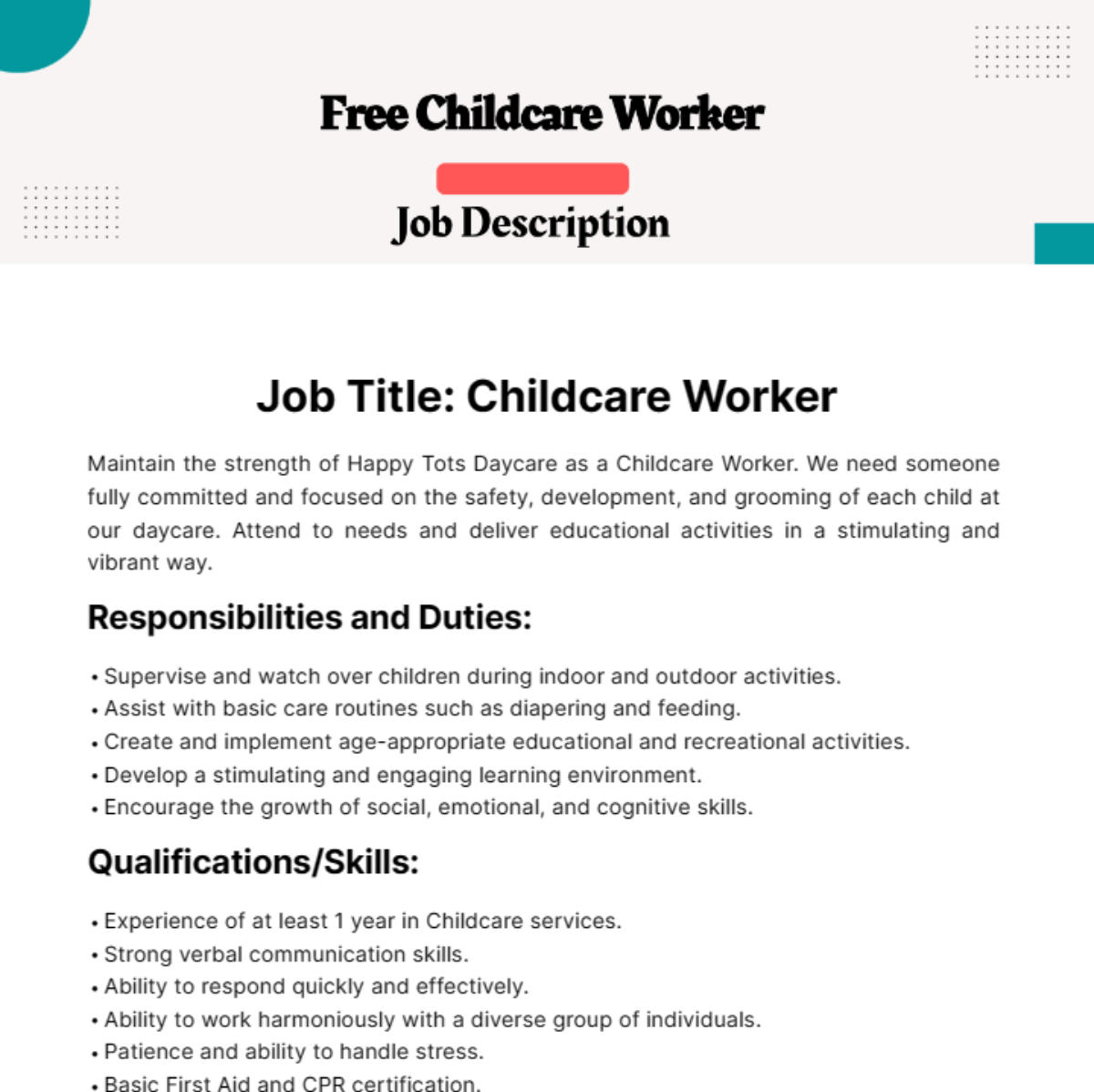 Free Childcare Worker Job Description Template