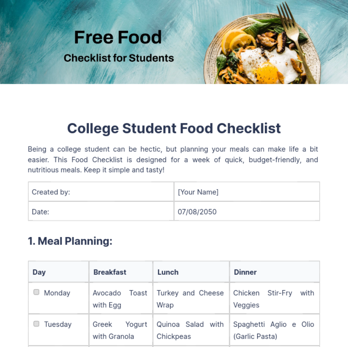 Free Food Checklist for Students Template