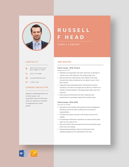Family Lawyer Resume Template - Word, Apple Pages