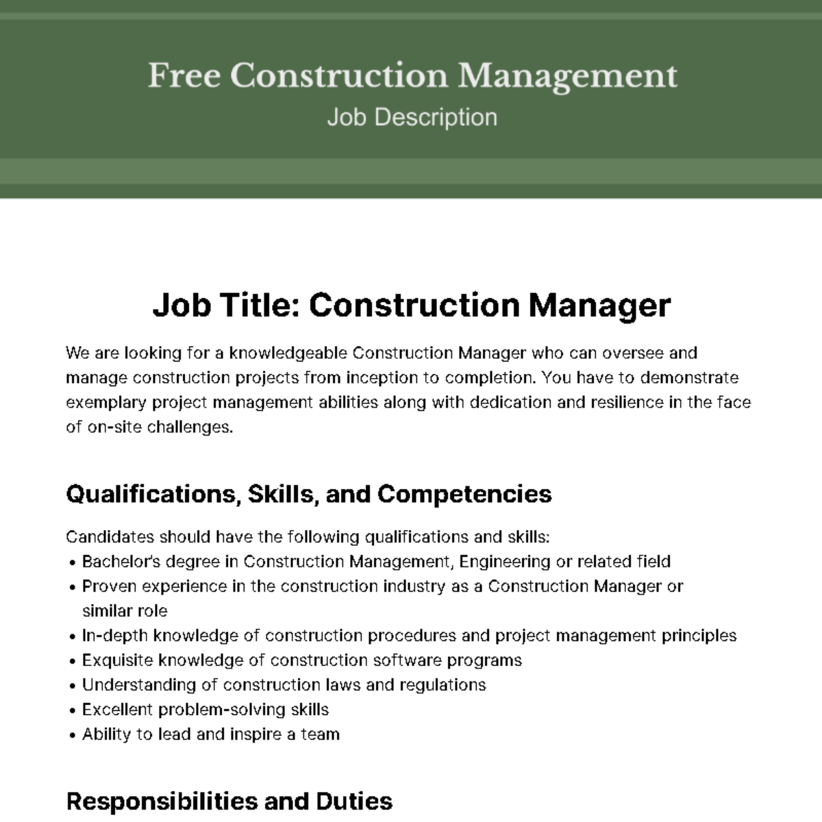 Construction Management Job Description Template