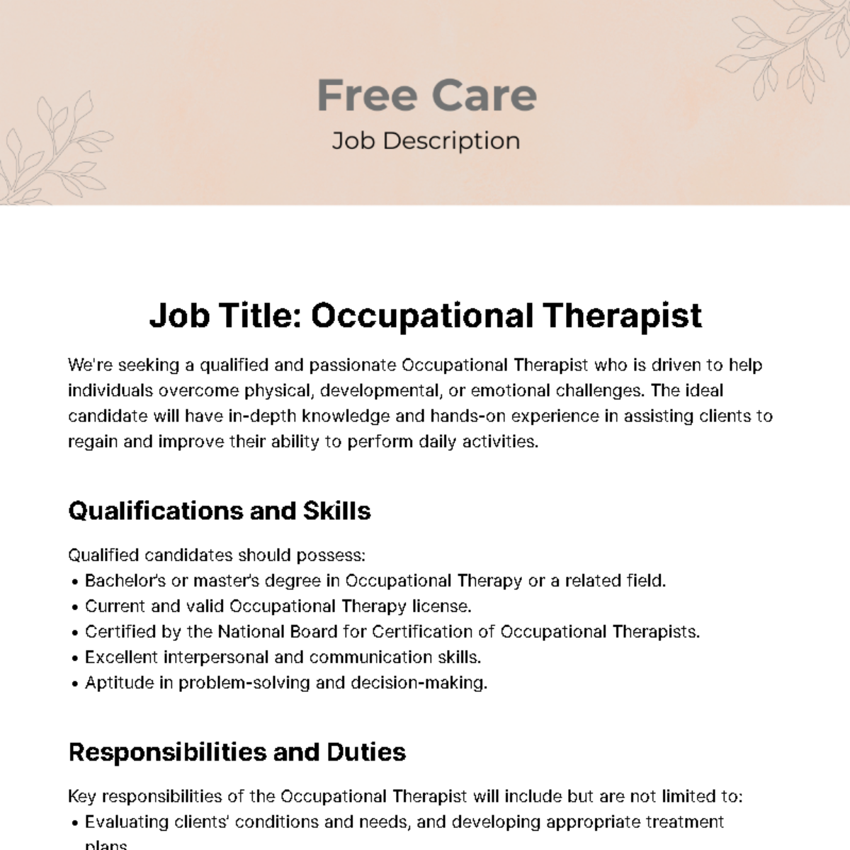 Free Care Job Description Template