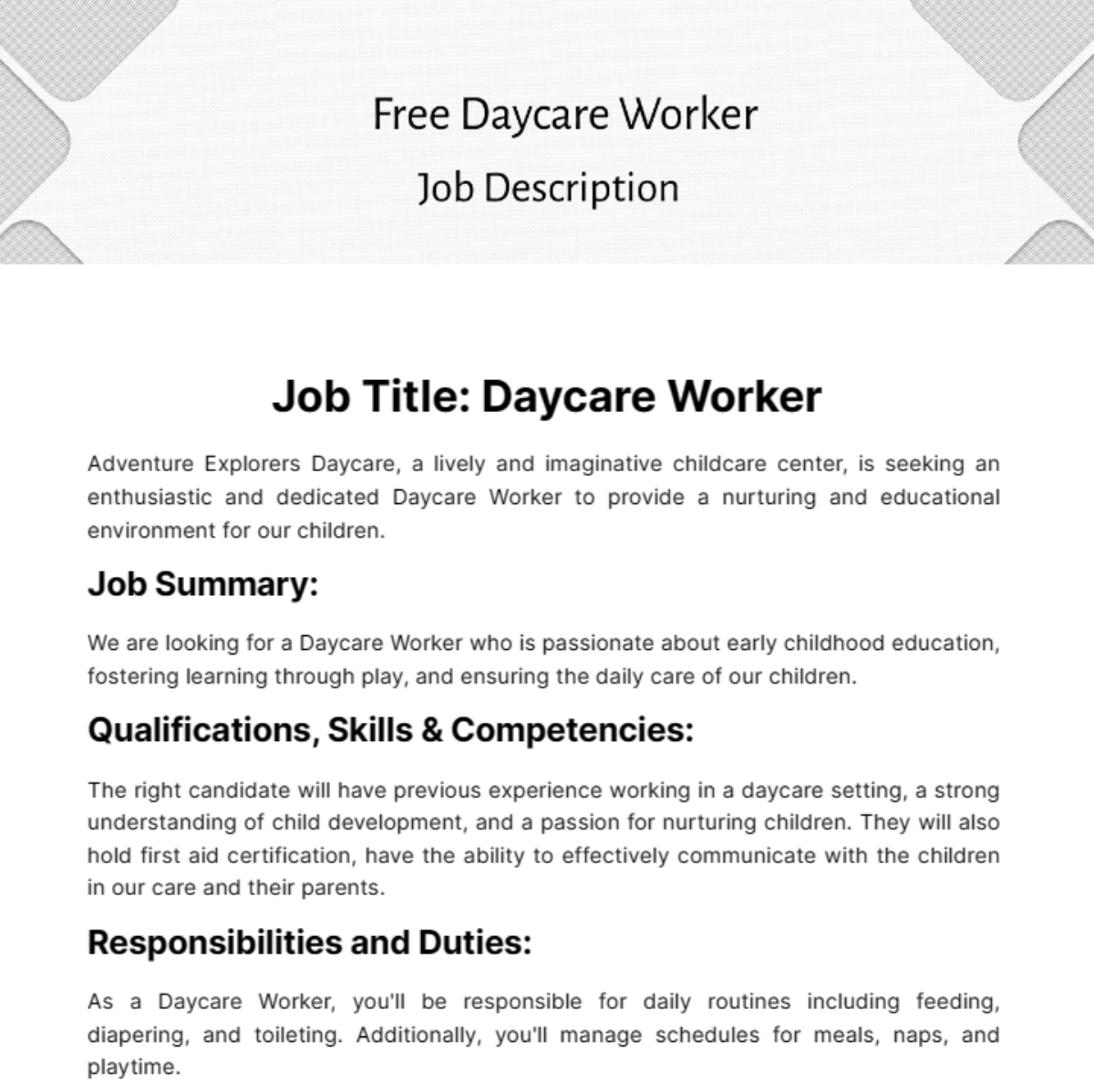 Daycare Worker Job Description Template