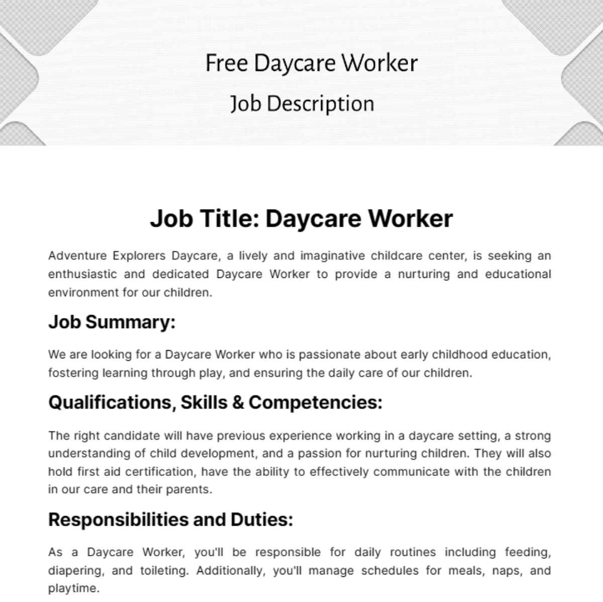 Daycare Worker Job Description Template Edit Online Download 