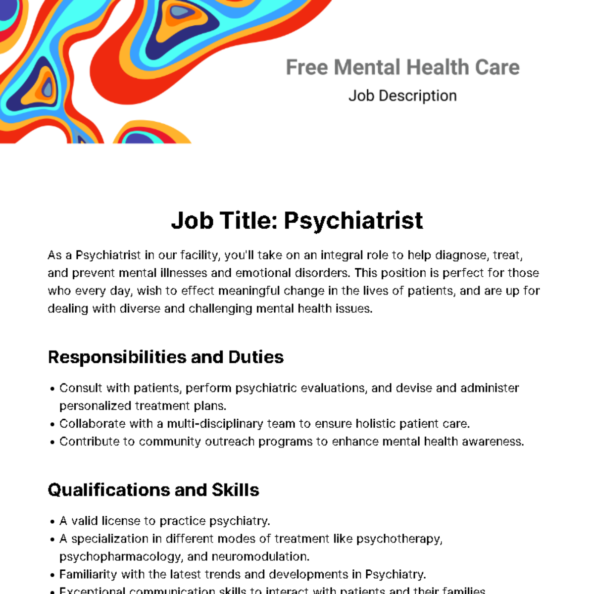 Mental Health Care Job Description Template