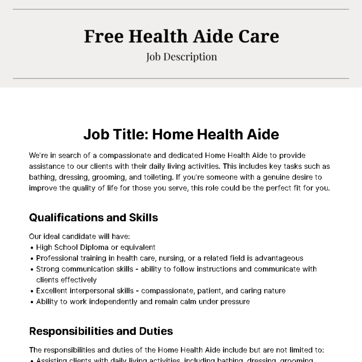 Free Health Aide Care Job Description Template