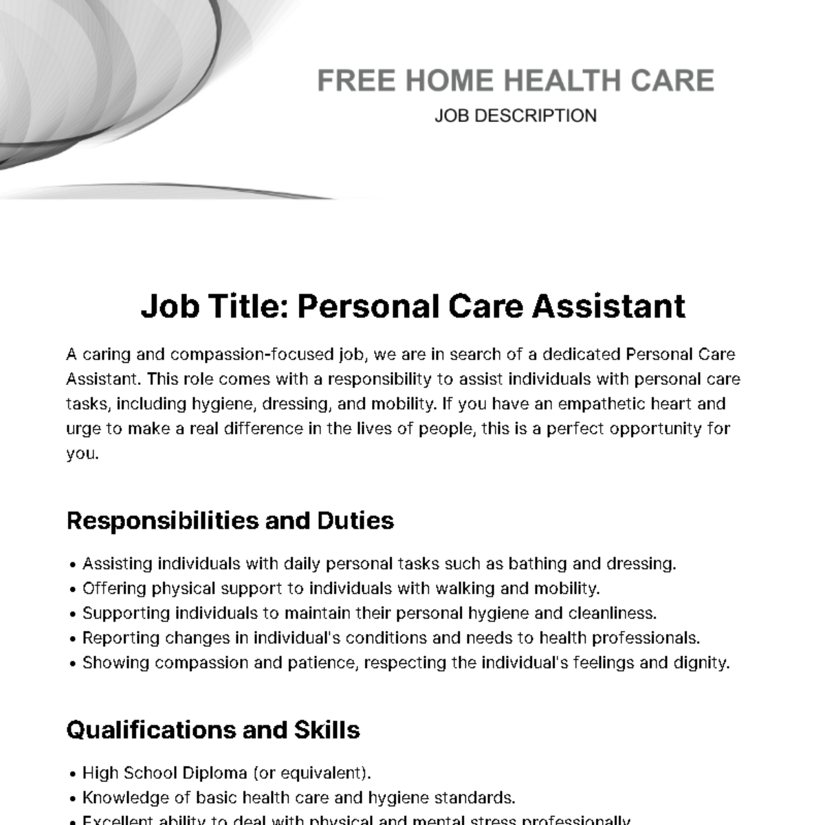Home Health Care Job Description Template