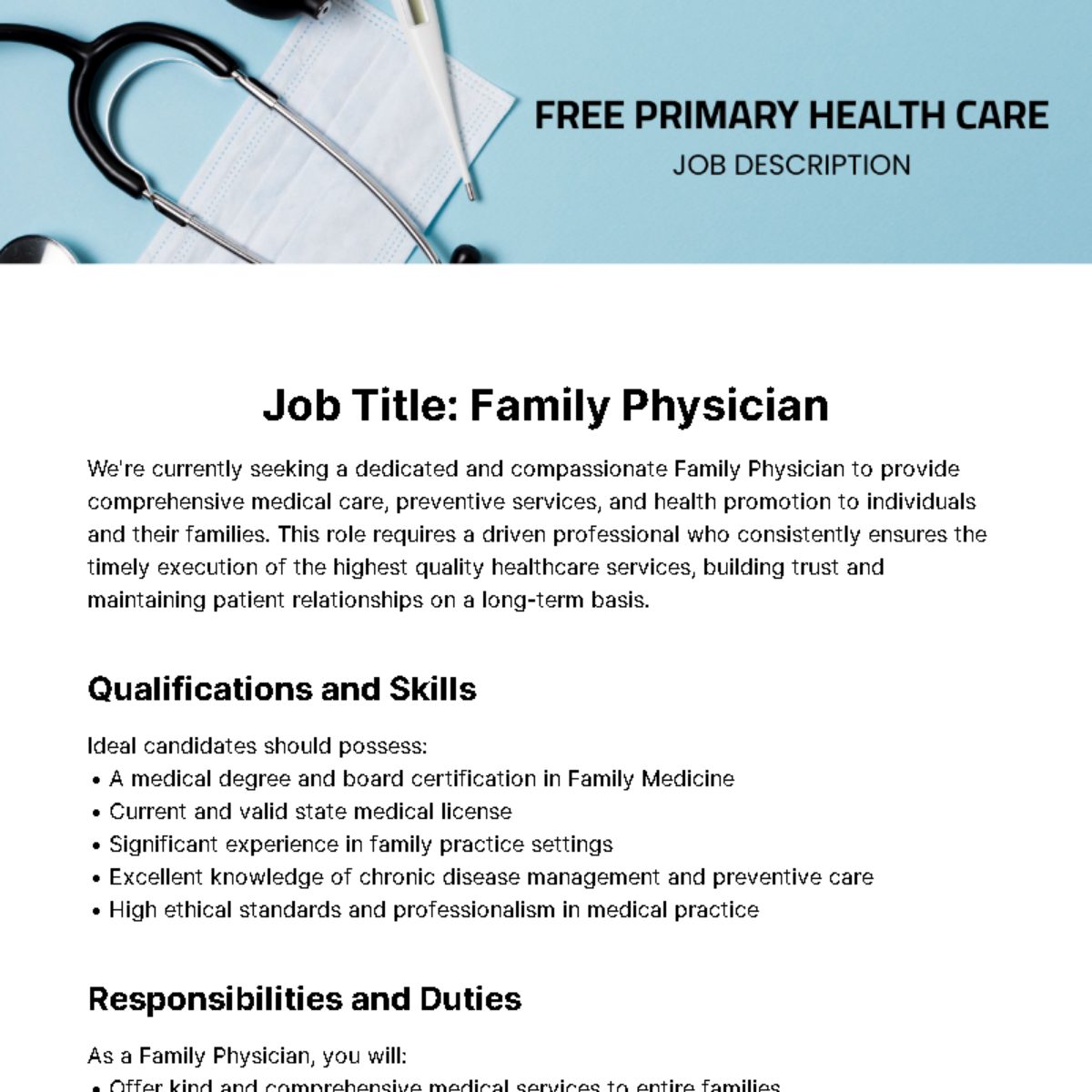 Primary Health Care Job Description Template