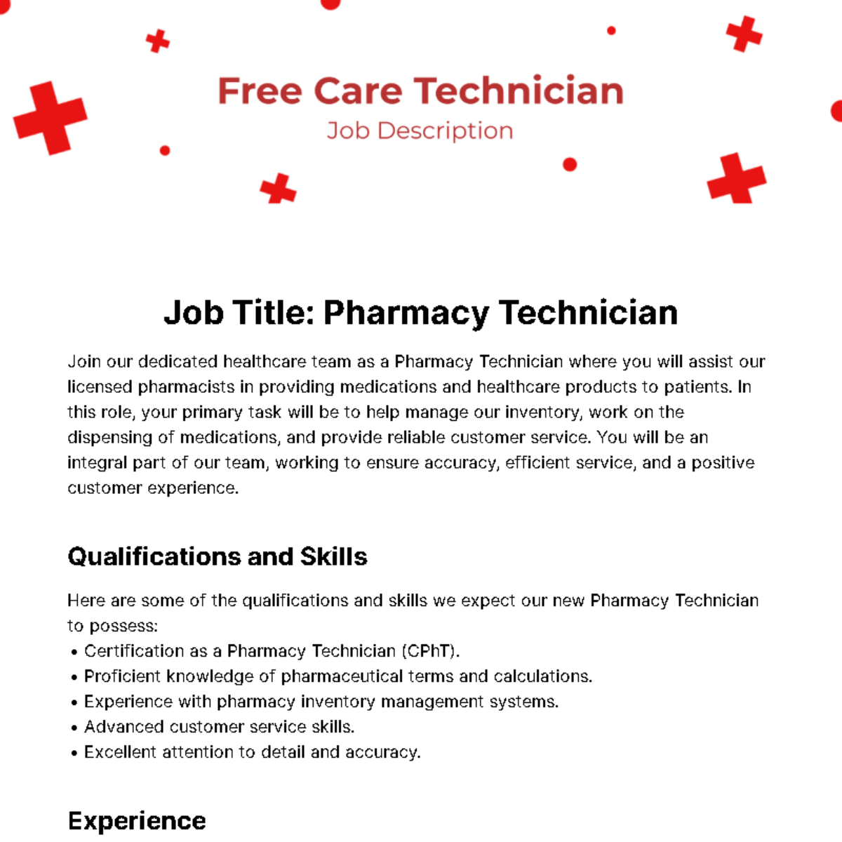 Free Care Technician Job Description Template
