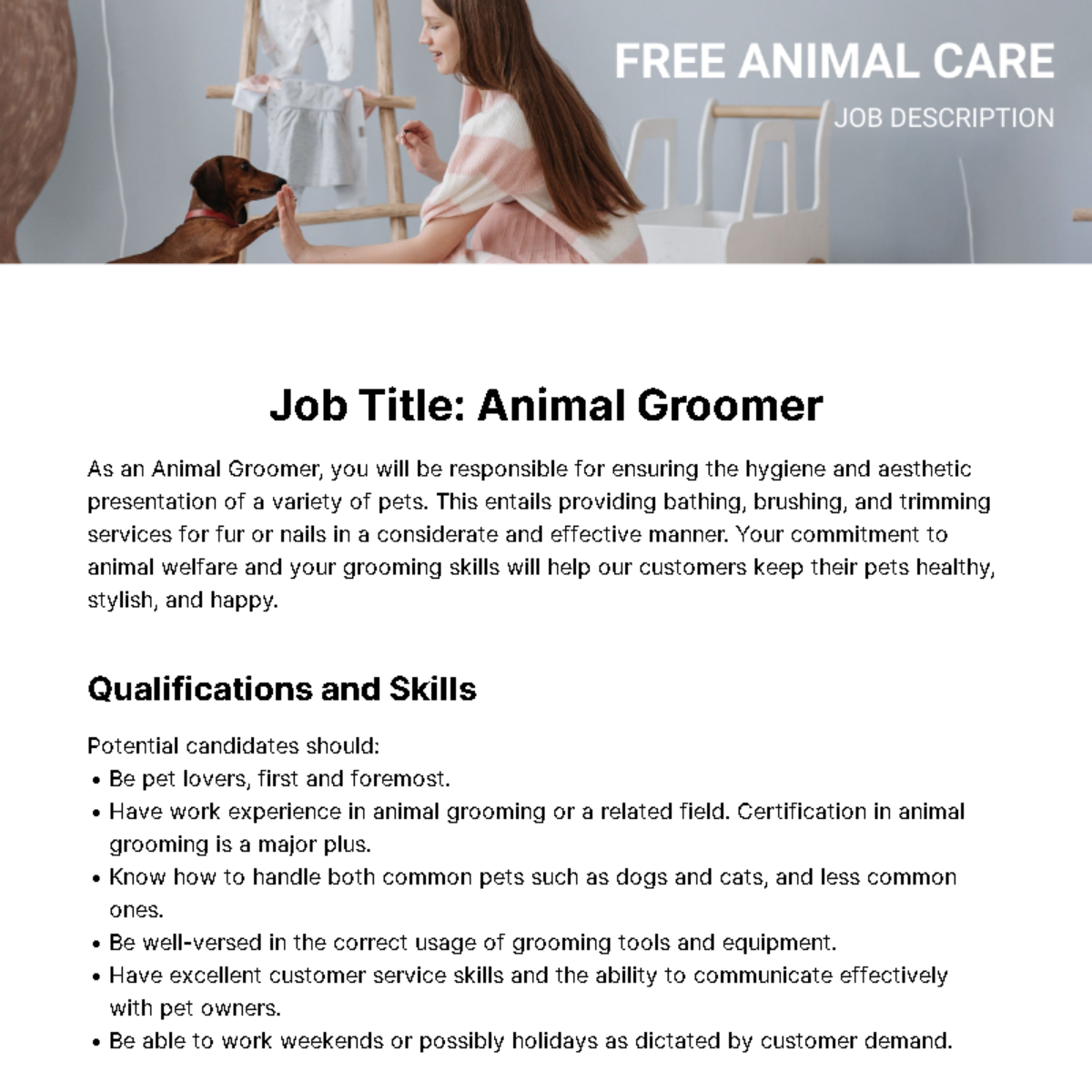 Animal Care Job Description Template