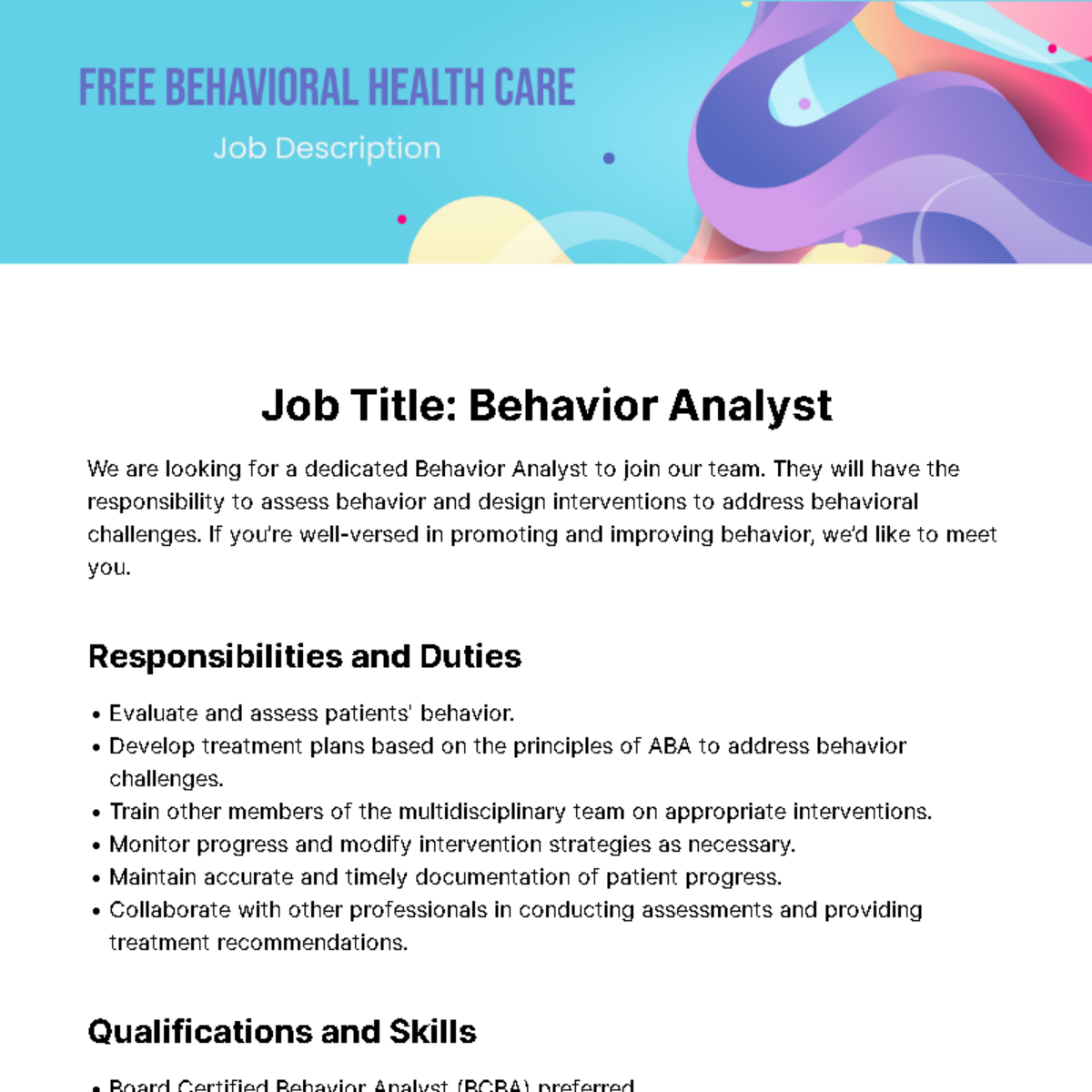 Behavioral Health Care Job Description Template