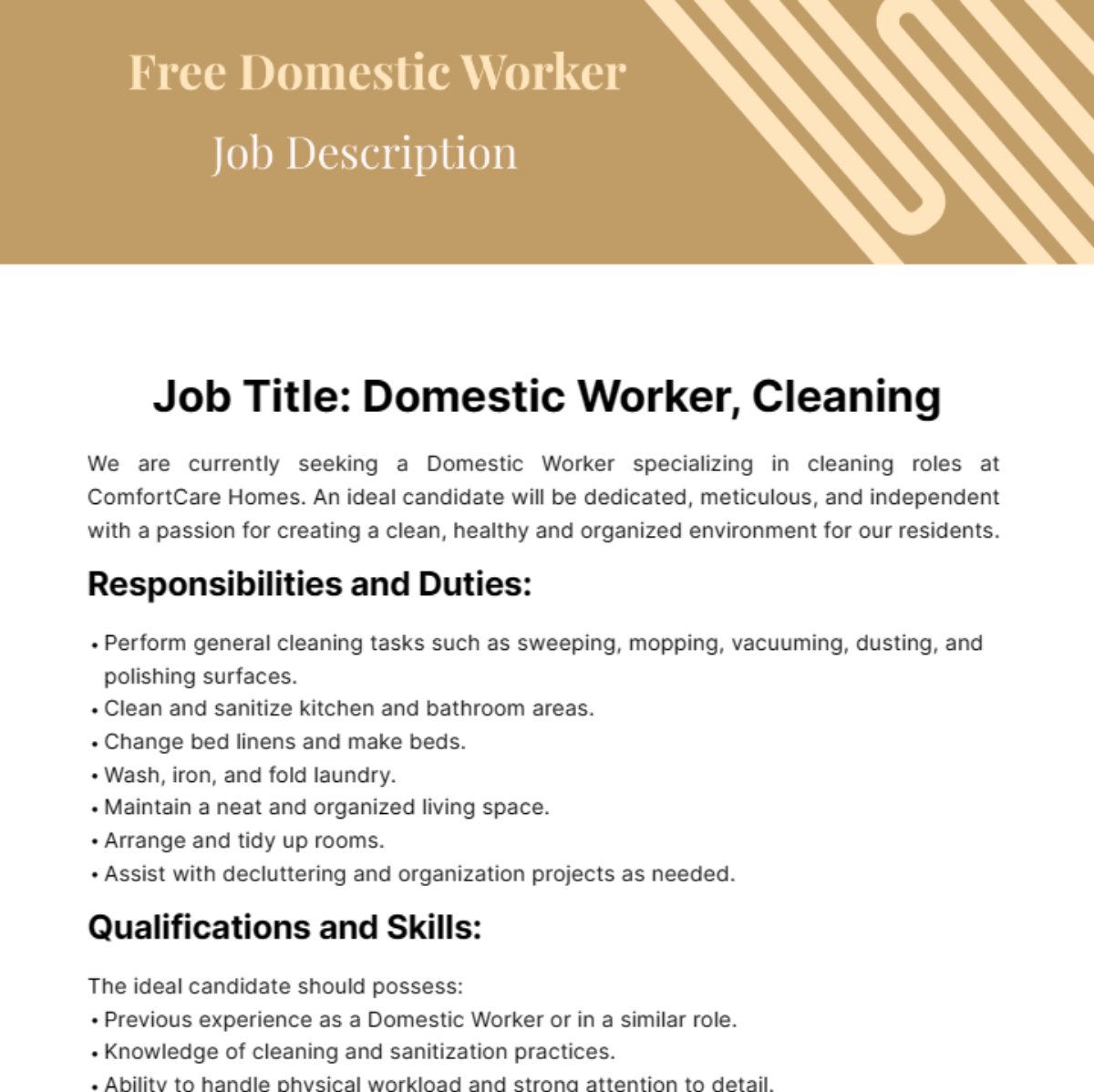 Free Domestic Worker Job Description Template